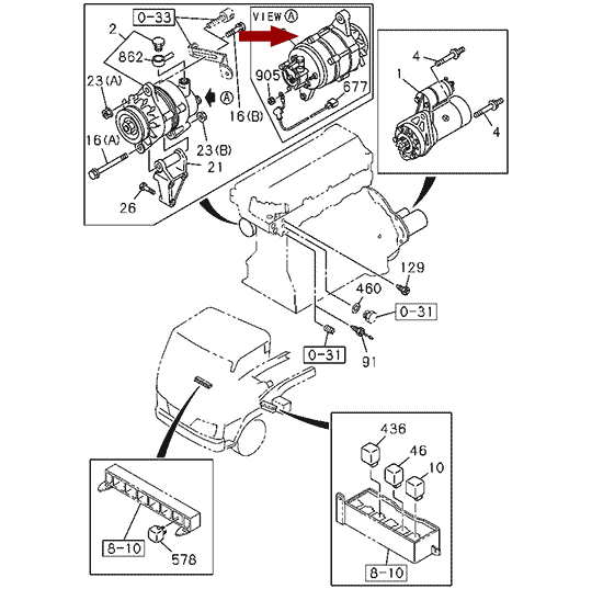 Генератор (24V/100A) NQR71, NQR75, NQR90 Motorherz - схема расположения