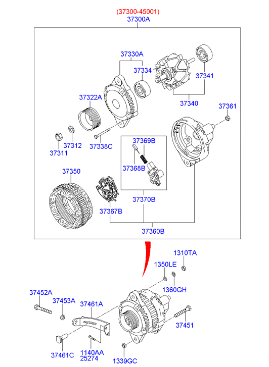 Генератор HD65, HD78 D4DD Motorherz - схема расположения